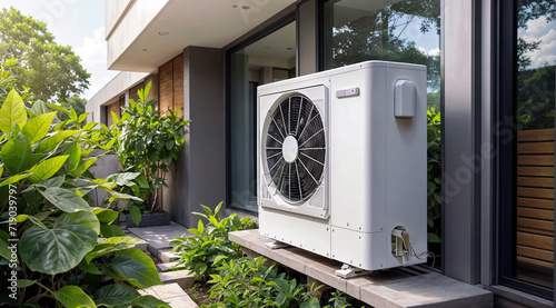 Residential building equipped with an environmentally friendly air source heat pump for sustainable and clean home energy photo