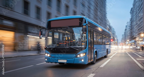 A vibrant blue bus traversing the urban landscape, seamlessly blending with the flow of traffic on the road