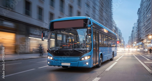 A vibrant blue bus traversing the urban landscape, seamlessly blending with the flow of traffic on the road photo