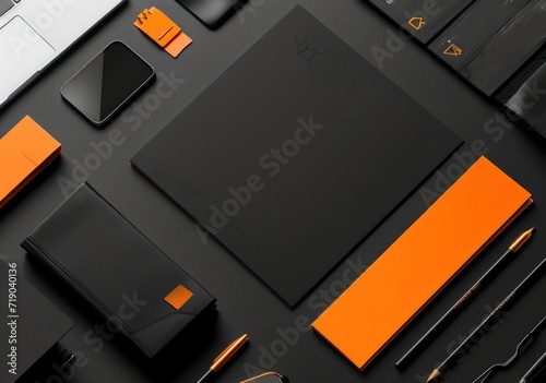 Flat lay black and orange brand guidelines template. Presentation of corporate identity. Logo guide mockup