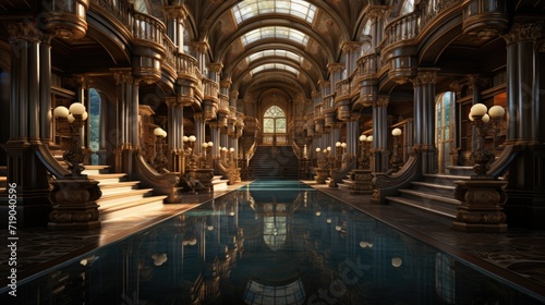 Impressive palace gallery featuring a stunning swimming pool that stretches along its entire length, creating an awe-inspiring visual spectacle photo