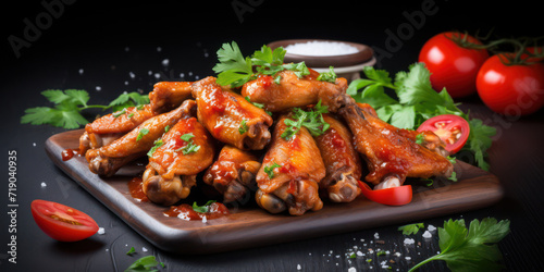 Delicious Chicken Roast with Spicy Sauce, Served on a Wooden Plate in a Gourmet Restaurant