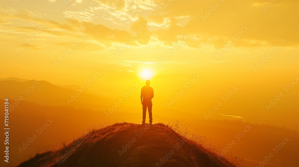 Amidst a sea of fog and glowing skies, a lone figure stands atop a rugged mountain, basking in the backlighting of the setting sun, surrounded by the serene beauty of nature