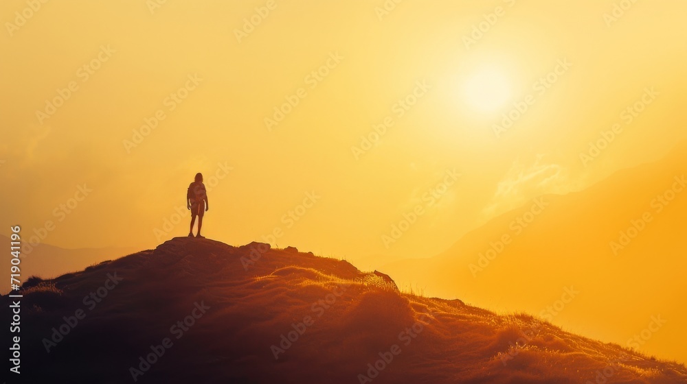 As the sun rises over the foggy landscape, a lone figure stands silhouetted against the stunning backdrop of the outdoor hill, embodying the beauty and serenity of nature and the determination of a h