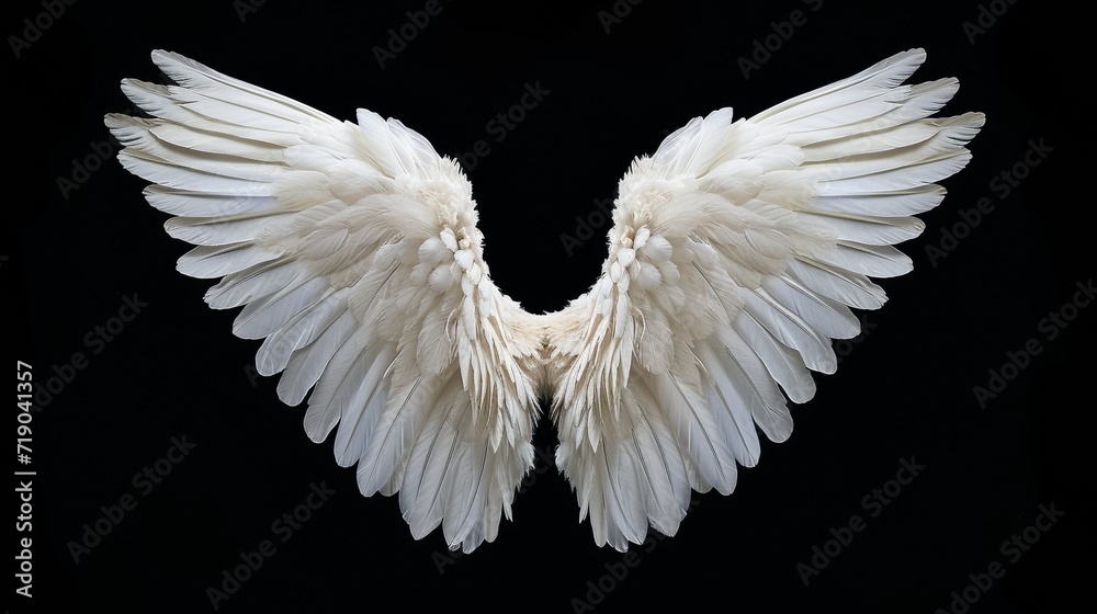 A majestic bird with pure white feathers soars against a dark void, its powerful wings spread wide as it gazes upon the world with its sharp beak - obrazy, fototapety, plakaty 