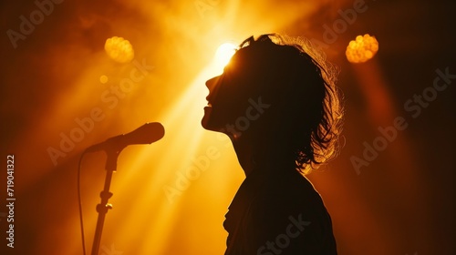 A passionate music artist pours their heart into the microphone under the warm backlighting of the sun, captivating the audience at their concert with their soulful singing