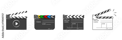 Film set clapperboard for cinema production. Clapboard making film with text. Board clap for video clip scene start. Lights, camera, action! Black and white icon on pink background