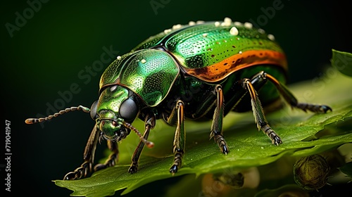 close-up of a Jewel bugs (Scutiphora pedicellata) on a banana leaf with a blurred background photo
