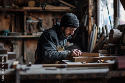 A skilled artisan, dressed in traditional clothing, meticulously crafts a metal masterpiece in the bustling factory, surrounded by the warm tones and earthy textures of his indoor wooden workspace