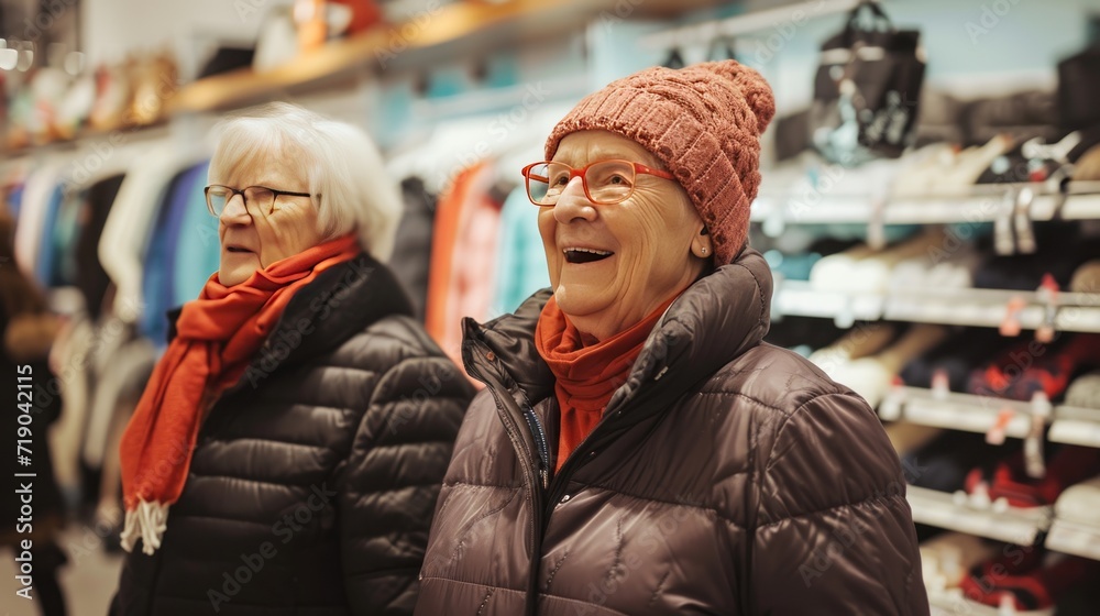 Elderly woman enjoys shopping in a clothing store at the mall.
