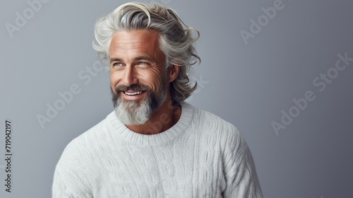 Portrait of a cheerful mature man with a white beard on grey background. photo