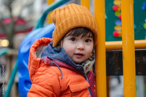 A young boy bundled up in his winter jacket and bonnet, stands confidently at the playground, ready to take on the chilly outdoors © ChaoticMind