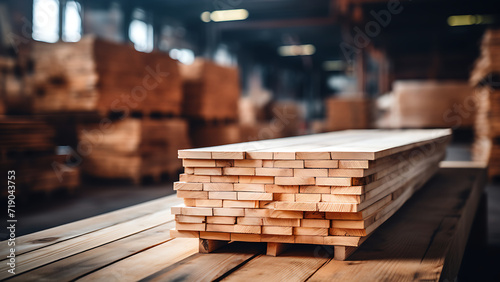 Stack of wooden boards in a warehouse. photo