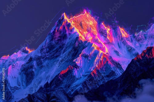 A majestic mountain glows in the wintry night, its snowy peaks illuminated by bright lights that hint at the power of the dormant volcano within
