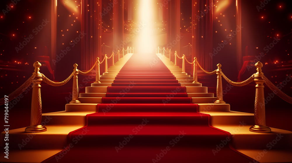 Fototapeta premium Luxurious and elegant red carpet staircase, holiday awards ceremony event