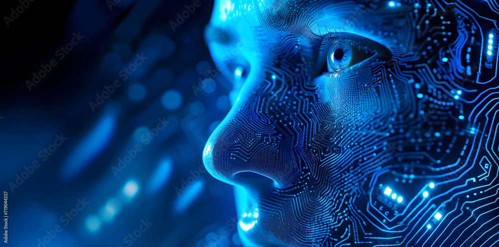 Closeup Woman's face with a circuto design in blue color Closeup Woman's face with a circuto design in blue color