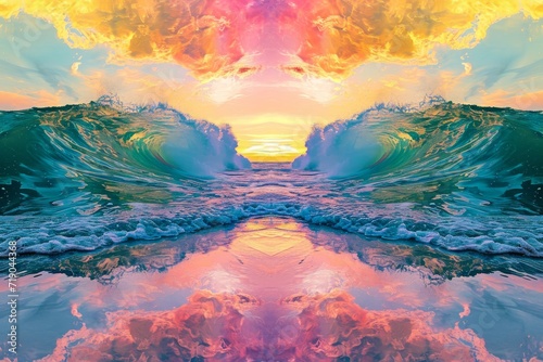 An awe-inspiring painting capturing the vibrant hues of a sunset sky cascading over the tranquil waters, showcasing the beauty of nature's ever-changing canvas © ChaoticMind