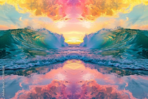 An awe-inspiring painting capturing the vibrant hues of a sunset sky cascading over the tranquil waters, showcasing the beauty of nature's ever-changing canvas