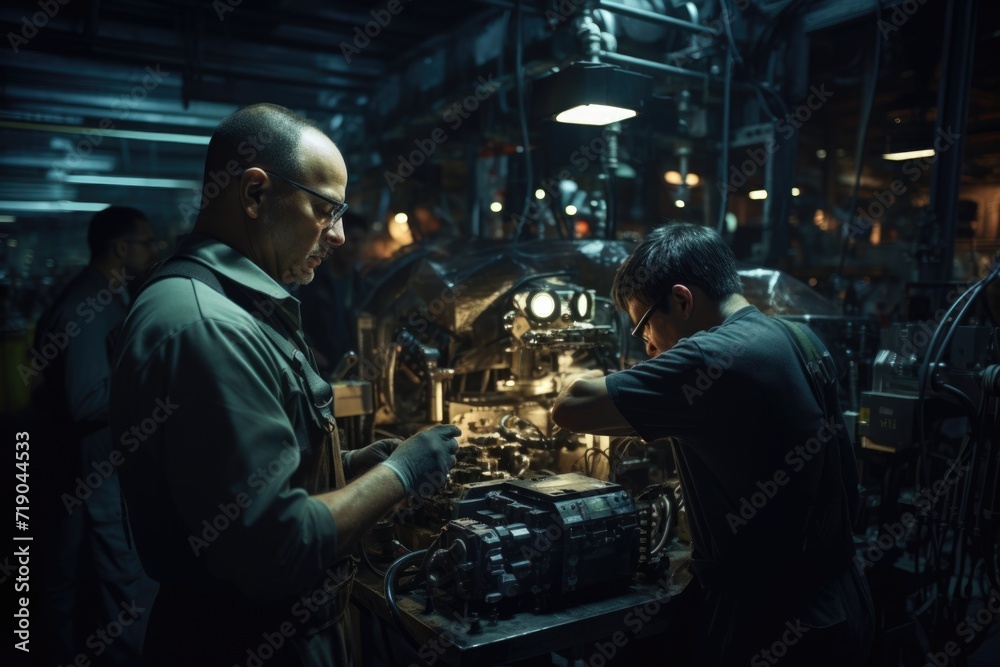 Machinists inspecting factory equipment. Machinists inspecting factory equipment.