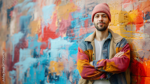 Smiling young man in a colorful beanie and jacket stands with arms crossed in front of a graffiti wall