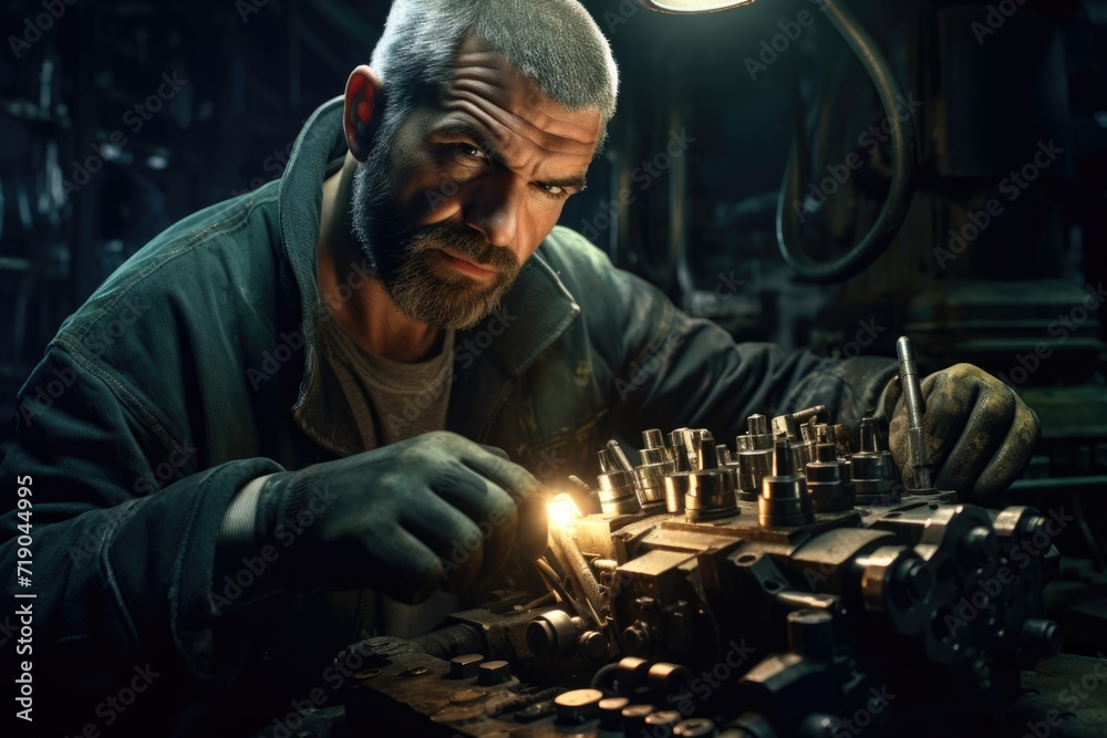 Obraz premium Worker overseeing metal cylinder head production