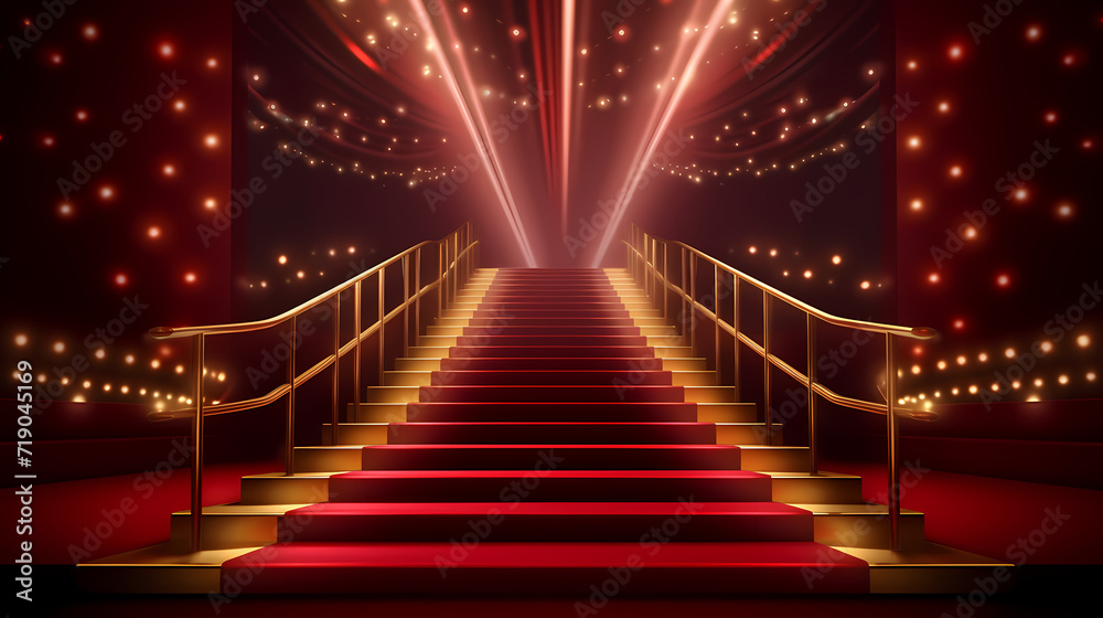 Luxurious and elegant red carpet staircase, holiday awards ceremony event Luxurious and elegant red carpet staircase, holiday awards ceremony event