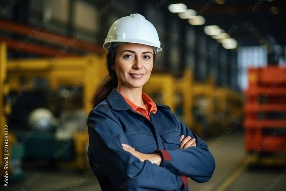 Portrait of female Industry maintenance engineer man wearing uniform and safety hard hat on factory station. Industry, Engineer, construction concept Portrait of female Industry maintenance engineer man wearing uniform and safety hard hat on factory station. Industry, Engineer, construction concept