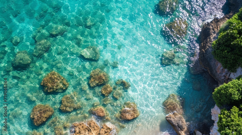 Experience the tranquil beauty of a turquoise reef, where aqua waves crash against coral rocks in this stunning outdoor oasis Experience the tranquil beauty of a turquoise reef, where aqua waves crash against coral rocks in this stunning outdoor oasis