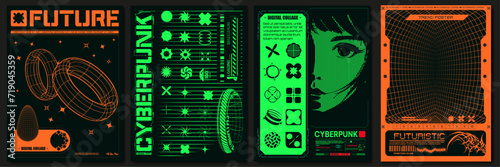 Futuristic and Cyberpunk Poster. Retrofuturistic posters with cute anime girls, hi-tech, y2k geometric shapes. Set of four stylized posters futuristic and cyberpunk themes in vibrant orange and green.