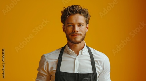 minimalist vivid advertisment background with handsome waiter and copy space