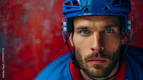minimalist vivid advertisment background with handsome hockey player and copy space