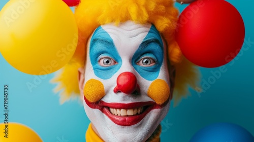 minimalist vivid advertisment background with handsome clown and copy space