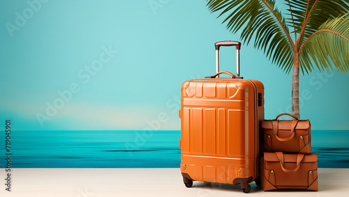 Suitcase with palm leaves on a turquoise blue background.