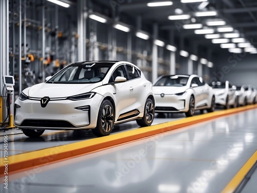 Automated robotics futuristic electric cars factory production line as wide banners with statistics of production and efficiency as wide banner with copy space area
