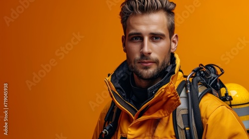 minimalist vivid advertisment background with handsome firefighter and copy s...