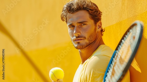 minimalist vivid advertisment background with handsome tennis player and copy...