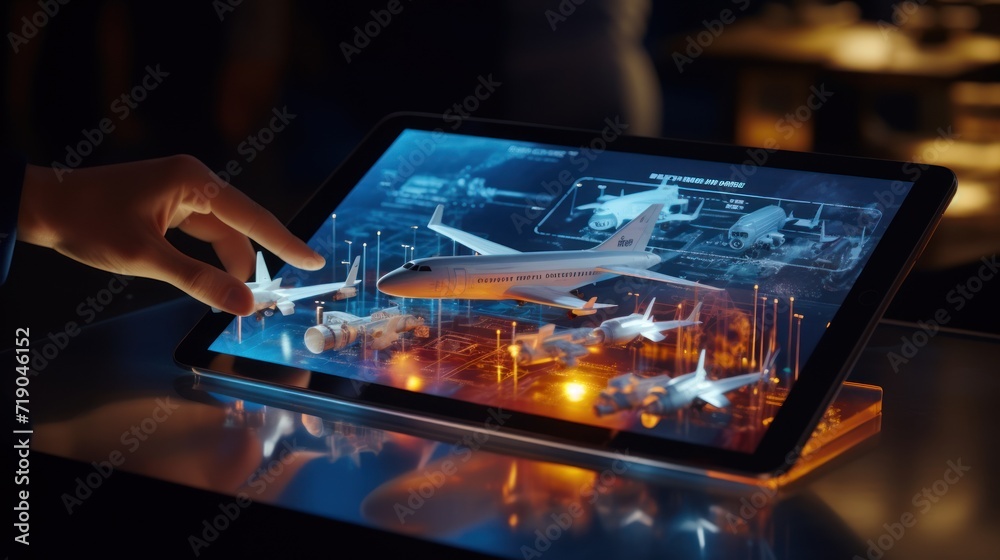 Futuristic airplane model uses hologram app on digital tablet Futuristic airplane model uses hologram app on digital tablet