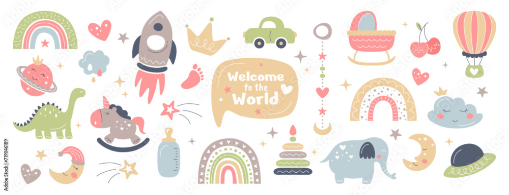 Boho baby nursery with cute rainbow, moon, clouds, rocket, balloon in Scandinavian style. Kids clipart set for newborn. Bohemian simple collection with animal toys for bedroom, baby shower decoration. Boho baby nursery with cute rainbow, moon, clouds, rocket, balloon in Scandinavian style. Kids clipart set for newborn. Bohemian simple collection with animal toys for bedroom, baby shower decoration.