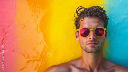 minimalist vivid advertisment background with handsome swimmer and copy space