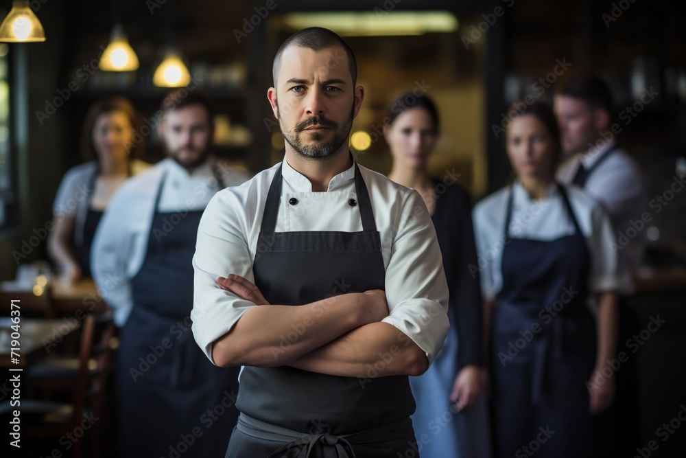 Fototapeta premium Portrait of chef standing with his team on background in commercial kitchen at restaurant