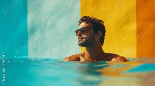 minimalist vivid advertisment background with handsome swimmer and copy space