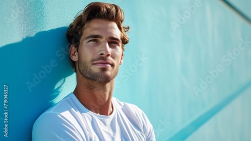 minimalist vivid advertisment background with handsome tennis player and copy...