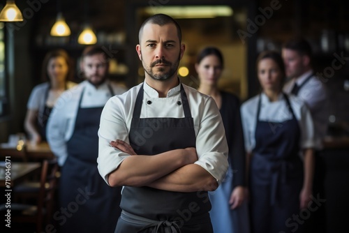 Portrait of chef standing with his team on background in commercial kitchen at restaurant © JAYDESIGNZ