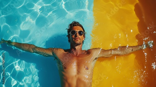 minimalist vivid advertisment background with handsome swimmer and copy space