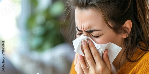 Flu. A sick woman is blowing her nose into a tissue