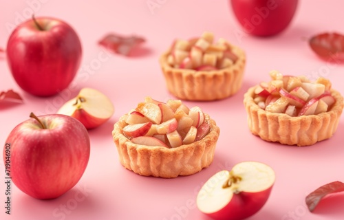 Delicious mini apple pie cupcakes topped with pastel colors background, fall festive dessert. Homemade delicious cupcakes on white ceramic plate. Copy space. Close-up view