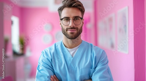 minimalist vivid advertisment background with handsome dentist and copy space