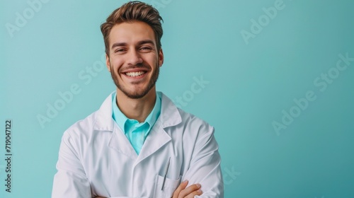 minimalist vivid advertisment background with handsome dentist and copy space