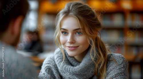 Wallpaper Mural Attentive young woman listening intently in a comfortable library setting, AI generated Torontodigital.ca