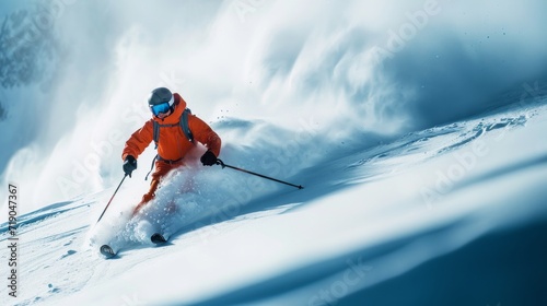 minimalist vivid advertisment background with handsome skier and copy space